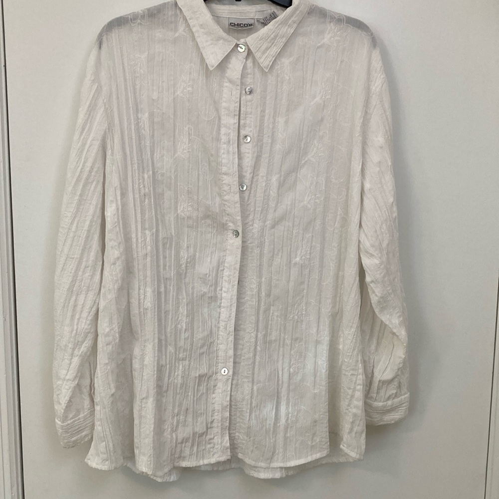Chicos Crinkle Woven Embroidery Button Front Blouse White Size 3